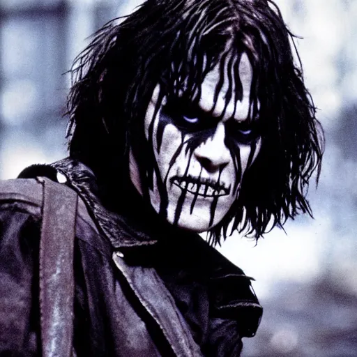 Prompt: Willem Dafoe as the crow, film still from the crow, detailed, 4k