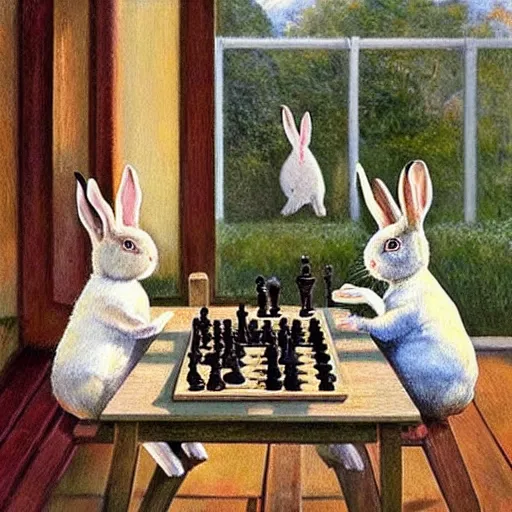 Prompt: rabbits drinking tea and playing chess. Painting of rabbits in sweaters by James Gurney (charming illustration of two cute rabbits).