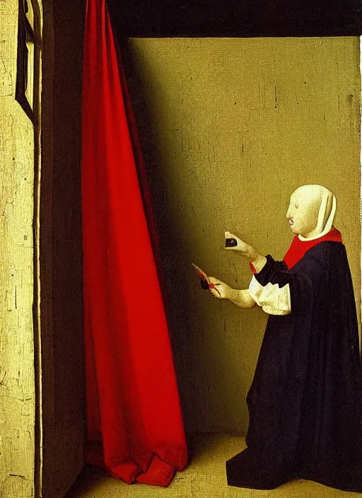 Image similar to red cloth, medieval painting by jan van eyck, johannes vermeer