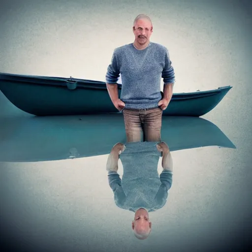 Prompt: realistic photo of a man standing in a small boat on endless broken mirrors