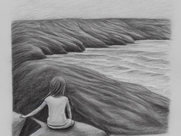 Image similar to a pencil drawing of a girl sitting on a cliff overlooking the beach by pen tacular