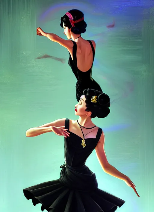 Image similar to a beautiful dancer with black hair in 1940's fashion, ballroom background, intricate, highly detailed, digital painting, artstation, official media, anime key visual, concept art, rich vivid colors, ambient lighting, sharp focus, illustration, art by Artgerm, Makoto Shinkai, Ilya Kuvshinov, Lois Van Baarle, and Rossdraws