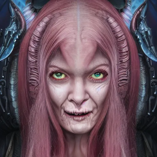 Image similar to a character portrait of a slyly grinning demoness with long pink hair, pointed ears, in modern casual clothing, in front of an intricate detailed of an alien world, by dorian cleavenger, greg rutkowski, wlop, astri lohne, zdzisław beksinski trending on artstation