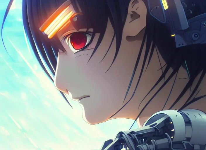 Image similar to a anime portrait of a cyborg woman, finely detailed features, closeup at the face, sharp focus, aesthetically pleasing art, night time city background, cinematic lighting, highly detailed, intricate, smooth, anime!! artstation, trending on pixiv fanbox, painted by greg rutkowski and studio ghibli and yoji shinkawa and hayao miyazaki,