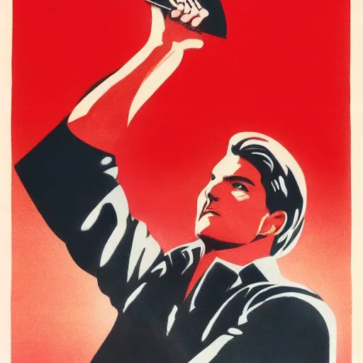 Image similar to Soviet communist propaganda poster of Tom Cruise with his closed fist up in the air, red background, hammer and sickle