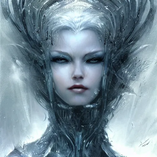 Image similar to ice queen, darkwave, darksynth, concept art, sharp, digital matte painting, art by luis royo, greg rutkowski, wlop, dramatic lighting, trending on artstation