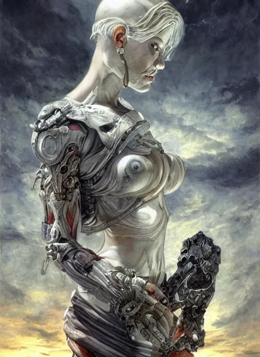 Image similar to portrait of a diabolical marble cyborg girl, ancient, wearing torn white cape, dynamic pose, thunder, glowing eyes, post apocalyptic ancient ruins, glowing veins subsurface scattering, in clouds, sunset, portrait, by gerald brom, by mikhail vrubel, by peter elson, muted colors, extreme detail, trending on artstation, 8 k