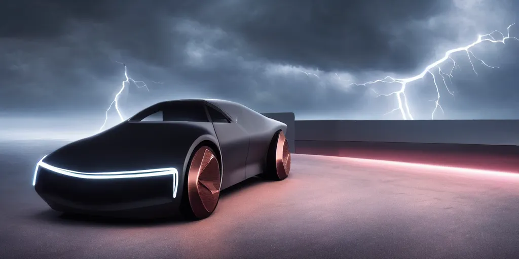 Prompt: a design of a futuristic vehicle, designed by Polestar, night thunderstorm lightning background, brushed rose gold car paint, black windows, dark show room, dramatic lighting, hyper realistic render, depth of field
