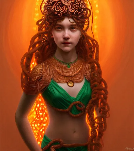Prompt: portrait of teenage medusa, snake hair, naughty smile, wearing an embroidered orange tunic, intricate, elegant, copper and emerald jewelry, glowing lights, highly detailed, digital painting, artstation, concept art, smooth, sharp focus, seductive illustration, art by wlop, mucha, artgerm, and greg rutkowski