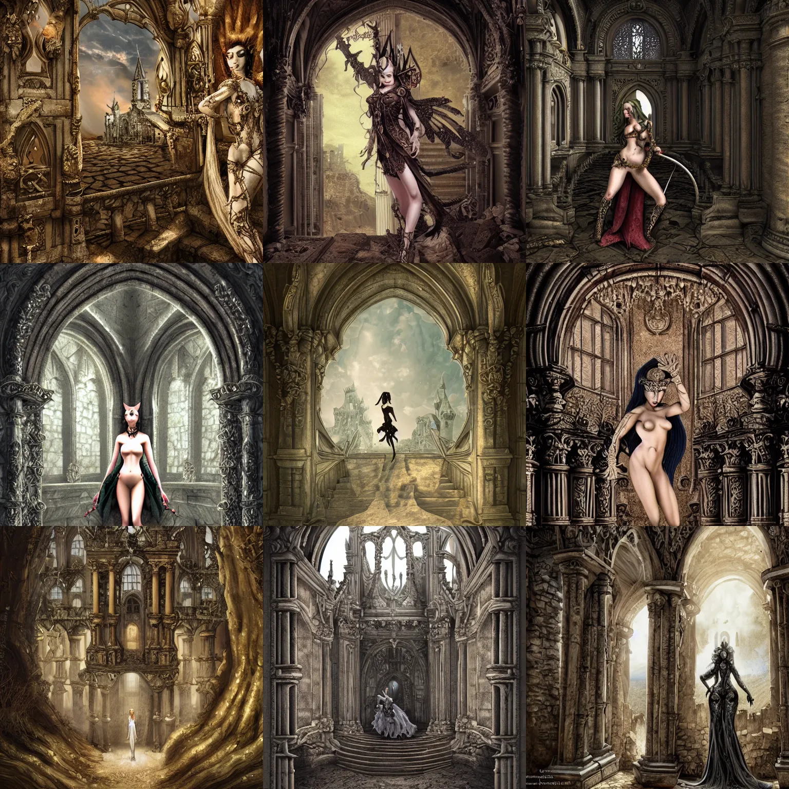 Prompt: a succubus standing in a castle ruin, baroque, gothic, surreal, highly detailed, intricate complexity, epic composition, magical atmosphere, masterpiece, award winning, trending on artstation