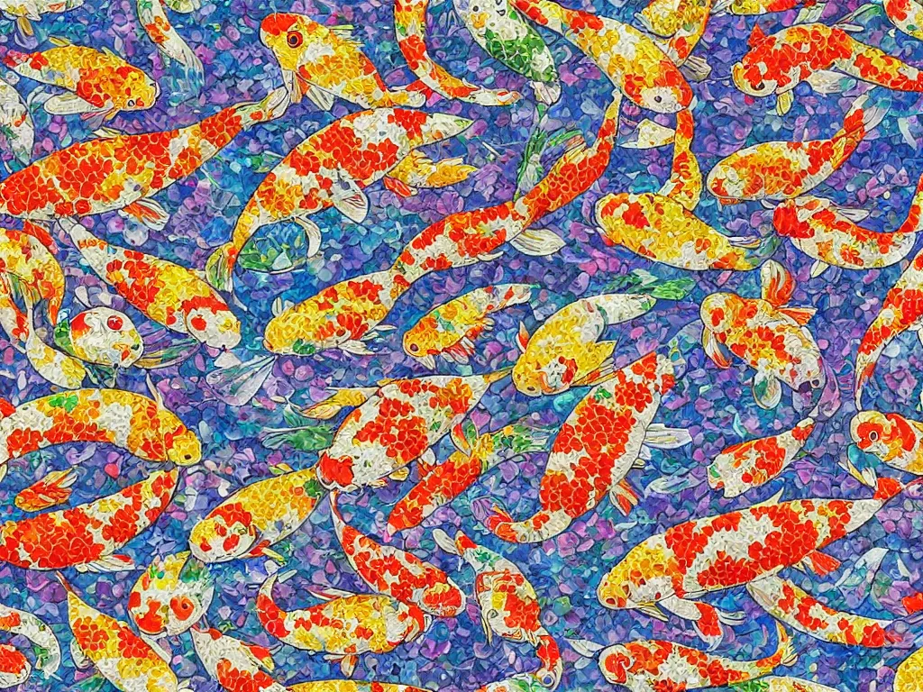 Image similar to breathtaking detailed concept art painting kaleidoscope of koi carp collage illustration pattern, 1 5 0 mm, tiny, small, miniature, short, cute and adorable, digital painting, highly detailed, intricate, elegant, artstation, concept art, colorful, beautiful, studio ghibli, aoshima chiho, takashi murakami, manga, cute and adorable