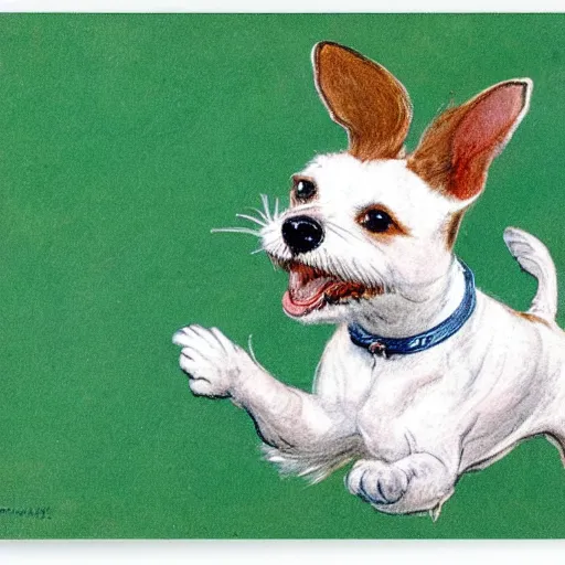 Prompt: closeup portrait of a happy jack russel terrier jumping, illustrated by peggy fortnum and beatrix potter and sir john tenniel