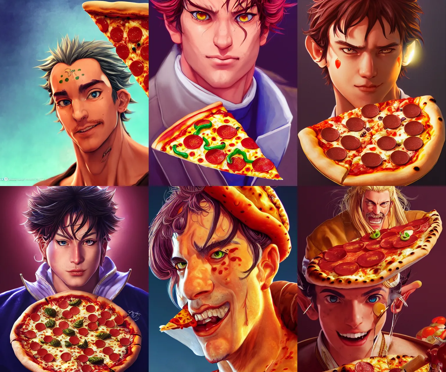 Prompt: portrait of a pizza king, regal, fantasy, colorful, cinematic lighting, pepperoni, artstation, trending, highly detailed, focus, smooth, by hirohiko araki and yoshitaka amano