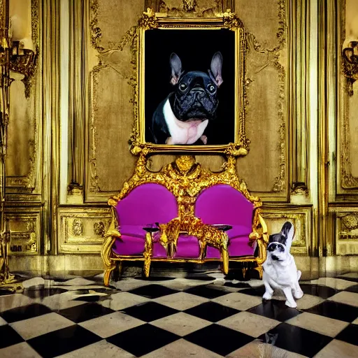 Image similar to 8k highly detailed photo by David Bailey of A French Bulldog Louis XIV, decadent throne room, the other animals prostrate themselves before the throne, French architecture