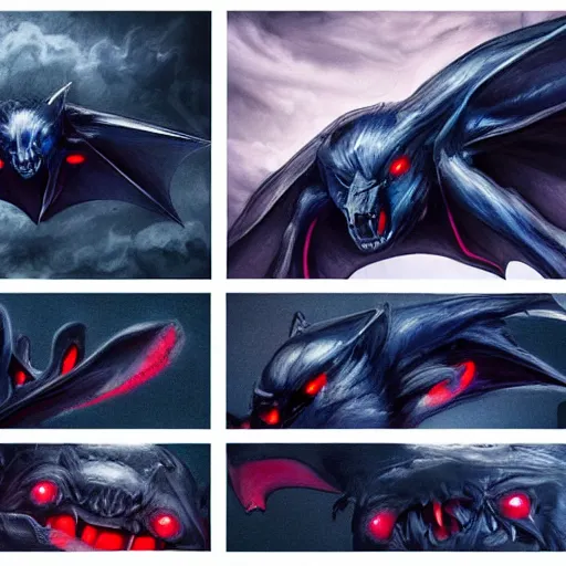 Image similar to front and back character view of scary giant mutant dark blue humanoid bat, glowing red eyes flying above a stormy ocean, sharp teeth, acid leaking from mouth, realistic, giant, bat ears, bat nose, bat claws, bat wings, furred, covered in soft fur, detailed, trending on artstation clean concept art and sheet that using unreal engine 5 render and hyper detailed 3D texture with cinematic software light 85mm f/1.4