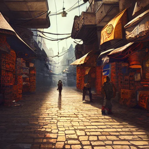 Prompt: detailed painting of a cyberpunk street covered in brown paper bags, majestic solemn ornaments and solemn architecture, artstation, dantom, cinematic, in morocco