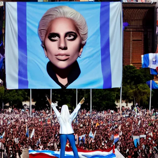 Image similar to Lady Gaga as president, Argentina presidential rally, Argentine flags behind, bokeh, giving a speech, detailed face, Argentina