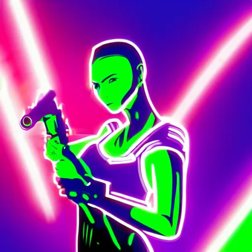 Image similar to cyberpunk chick with a side head shave in a city with aqua, green, and purple neon lighting, holding a gun, posed