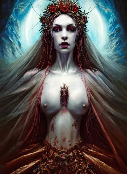 Prompt: masterpiece painting of elitevampire bride girl portrait by elena kukanova, jeff easley, james jean and zdizslaw beksinski, 8 k, epic, majestic, intricate artwork, volumetric lighting, porcelain skin, dramatic vivid and vibrant colors, gothic, haunting, in the style of midjourney, trending on artstation, behance