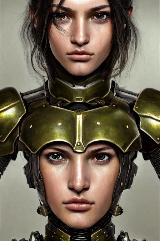 Image similar to a photorealistic painted portrait of an attractive young girl, partially clothed in dull metal-plated battle armor, olive skin, long dark hair, beautiful bone structure, symmetric facial features, perfect photorealistic eyes, natural physique, intricate, elegant, digital painting, concept art, finely detailed, beautifully illustrated, sharp focus, minimal artifacts, from Metal Gear, by Ruan Jia and Mandy Jurgens and Artgerm and William-Adolphe Bouguerea, in the style of Greg Rutkowski, trending on Artstation, award winning