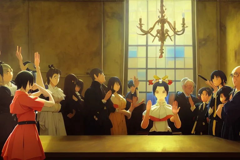 Image similar to baroque oil painting of key visual environment concept art of anime maid being sworn into presidential office, brutalist, dark fantasy, rule of thirds golden ratio, fake detail, trending pixiv fanbox, acrylic palette knife, style of makoto shinkai studio ghibli genshin impact jamie wyeth james gilleard greg rutkowski chiho aoshima