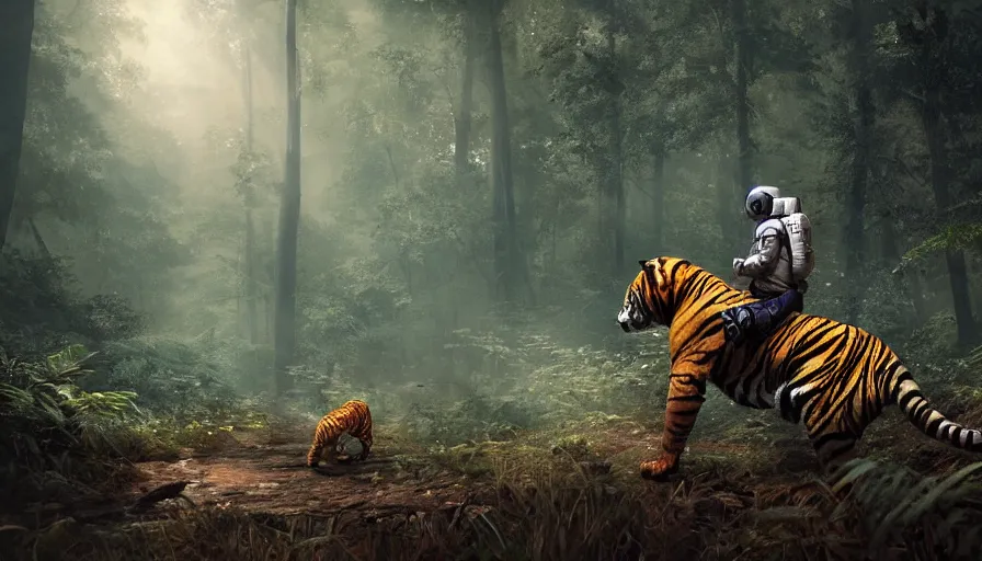 Prompt: american astronaut in the forest riding a bengal tiger, plants environment, wide angle, cinematic lighting, atmospheric, ultrarealistic, trending on artstation, cgsociety, highly detailed, color graded, in the style of craig mullins, rendered in Unreal Engine 4k HQ, shadow of the tomb rider