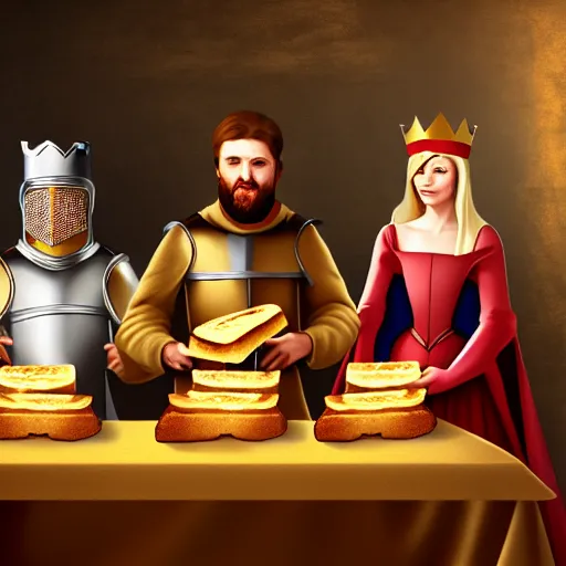 Prompt: medieval toast with king, queen and guests, realistic, artstation, fantasy