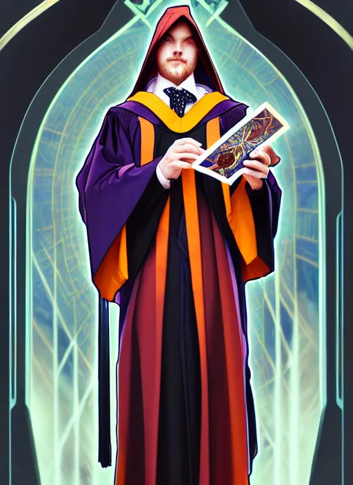 Prompt: overlord, wearing an academic gown, tarot card, highly detailed, deep focus, elegant, digital painting, smooth, sharp focus, illustration, ultra realistic, 8 k, art by artgerm and alphonse mucha