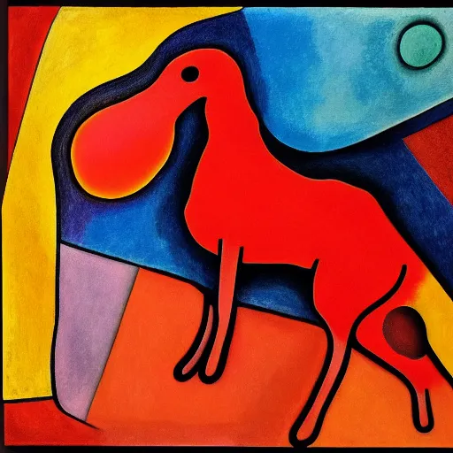 Image similar to A red dog sitting in the middle with red spots. in the art style of Kandinsky. Dramatic lighting, minimal painting, high resolution. Positive vibes