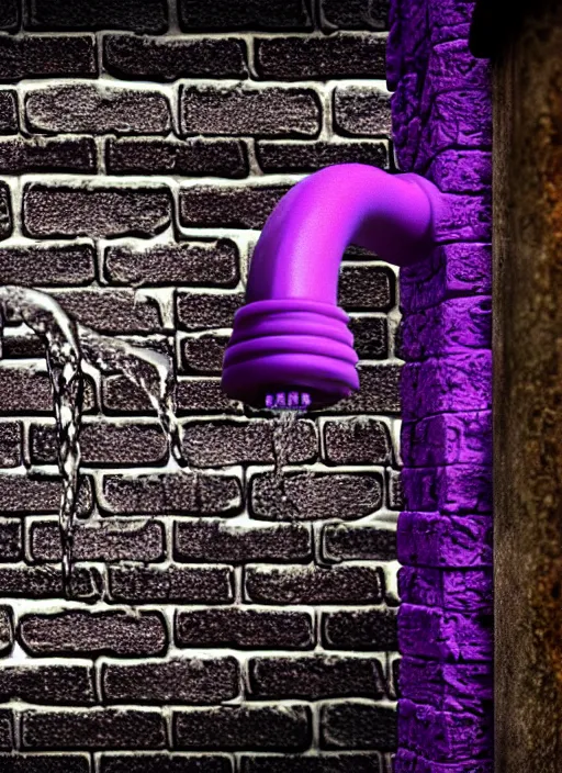 Image similar to intricate faucet with purple slime coming out of it, attached to a brick wall, the slime is oozing on the ground next to the faucet. Very detailed 8k. Fantasy cyberpunk. Sharp. Cinematic post-processing