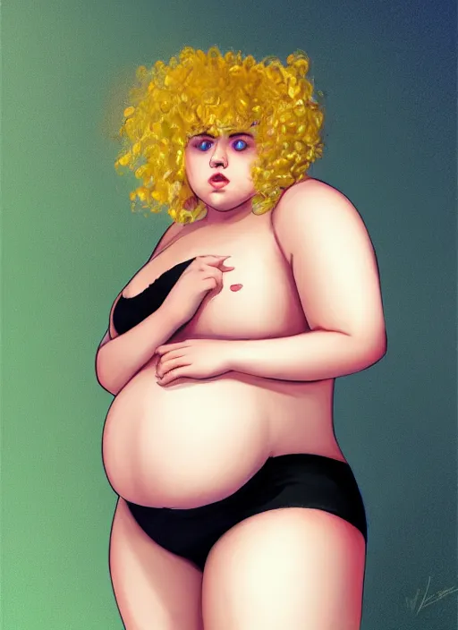 Image similar to full body portrait, teenage betty cooper, blonde hair, obese, bangs, ponytail, sultry, realistic, sultry smirk, fluffy bangs, curly bangs, fat, belly, beautiful girl, intricate, elegant, highly detailed, digital painting, artstation, concept art, smooth, sharp focus, illustration, art by wlop, mars ravelo and greg rutkowski