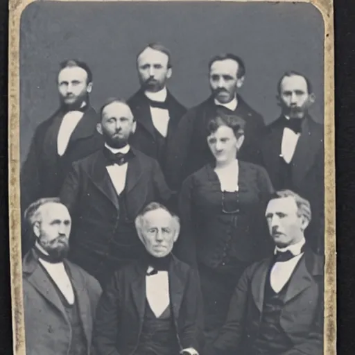 Prompt: 19th century group photo of six gentleman and one woman