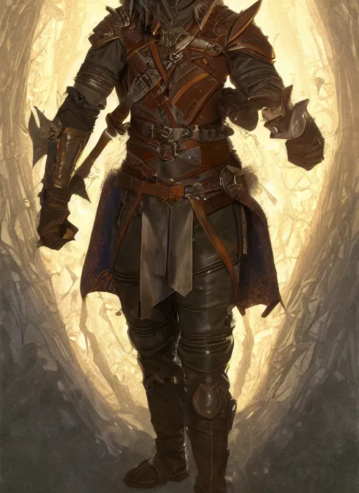 Prompt: full body portrait of a male half elf in fireproof leather armor wearing a utility belt and goggles, D&D, fantasy, intricate, cinematic lighting, highly detailed, digital painting, artstation, concept art, art by Terry Moore and Greg Rutkowski and Alphonse Mucha