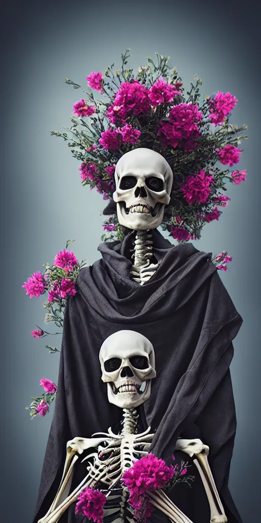 Prompt: cinematic shot epic portrait skeleton wearing a dark robe covered in flowers, hyper realistic, mood lighting, fantasy, detailed face, highly detailed, super realistic, perfect lighting javascript