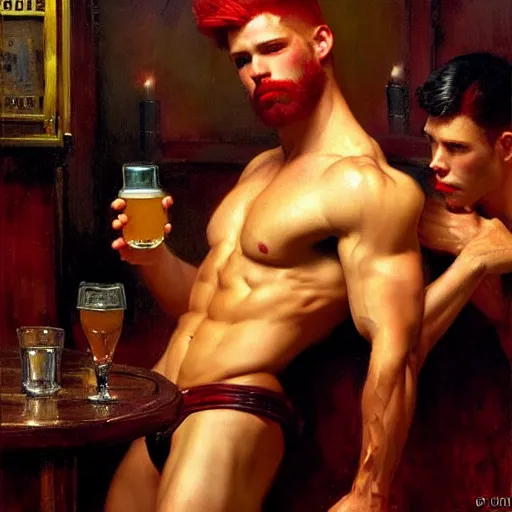 Image similar to attractive muscular male with red hair with muscular attractive male with black hair, drinking their hearts out, in a pub. very defined and highly detailed painting by gaston bussiere, j. c. leyendecker, craig mullins 8 k