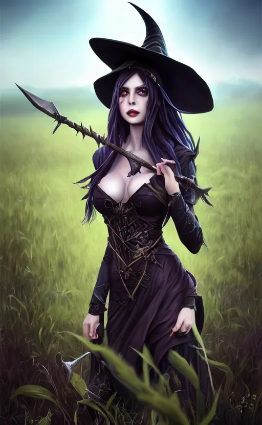 Image similar to medium shot of dark elf witch in field, sunny, highly detailed, d & d, fantasy, highly detailed, digital painting, trending on artstation, concept art, sharp focus, illustration, global illumination, ray tracing, realistic shaded, art by artgerm and greg rutkowski and fuji choko and viktoria gavrilenko and hoang lap