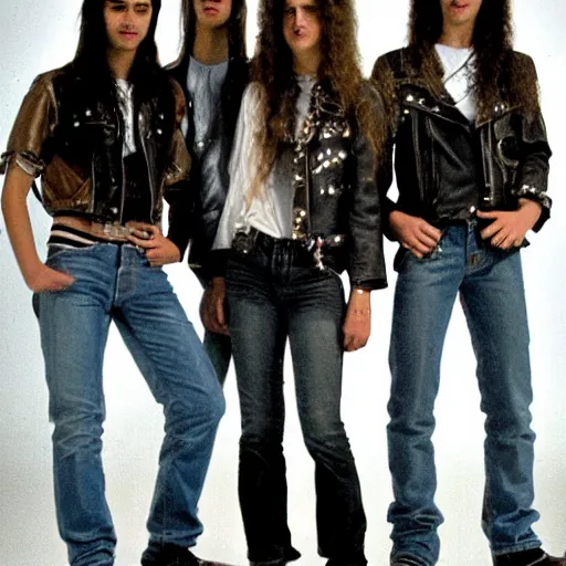 Prompt: Group of 19-year-old boys and girls with long permed wavy brown hair, leather jacket and denim jeans, holding electric guitars, 1987, thrash metal, heavy rock, super 8mm film