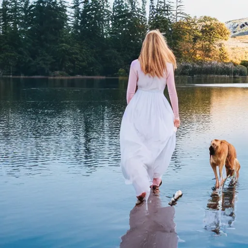 Image similar to a beautiful girl wearing white dresses beautiful face, clear facial features, walking with a dog, john martin landscape lake evening, pastel pink and blue colors