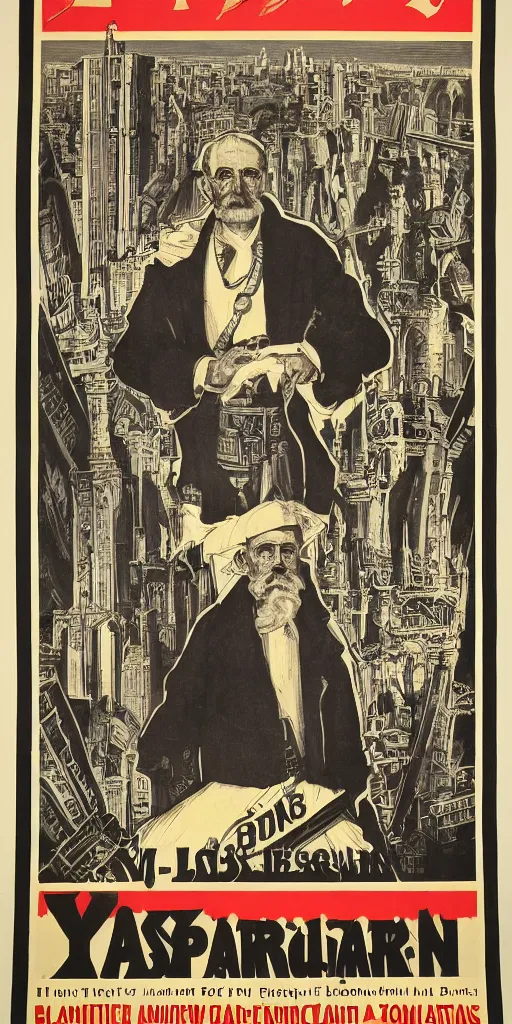 Image similar to 1 9 0 8 capitalism propaganda poster, black and white engraving on antique yellowed paper, with red ink used for emphasis, eastern european look, serious face of leader in the middle of poster, with intricate imagery of buildings and factories and laborers in the background