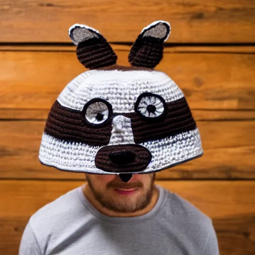 Prompt: a crocheted raccoon hat, very detailed animal hat, cute details, product photo, promotional image, sharp focus, studio lighting