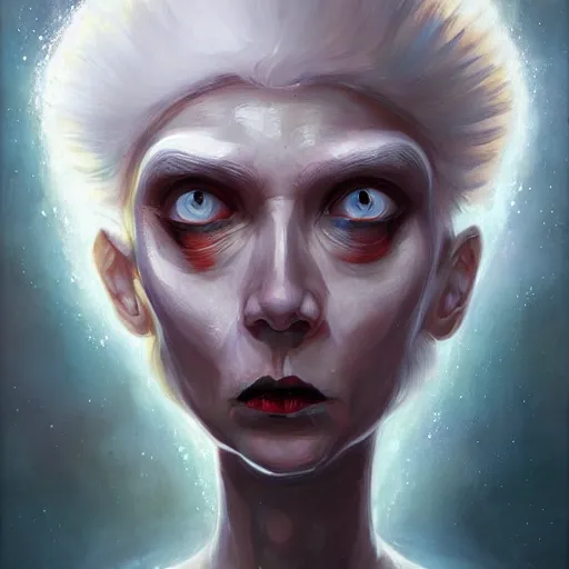 Image similar to portrait of small, cute, rubbery, huge-eyed, big-lipped albino mutant priestess with elaborate white hair with serious expression; science fiction concept art by Anato Finnstark, Margaret Keane, Greg Rutkowski