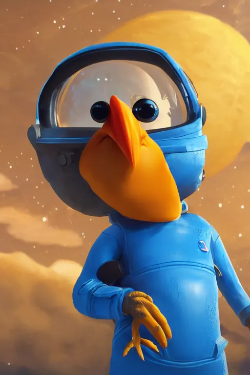 Image similar to a lonely chicken wearing a space suit without helmet in a alien planet, profile picture, digital art, concept art, trending on DeviantArt, highly detailed, high quality, 4K, cartoon, high coherence, path traced, blue sky in the background, octane render, digital painting, no helmet, masterpiece, anatomically correct, hyperrealistic