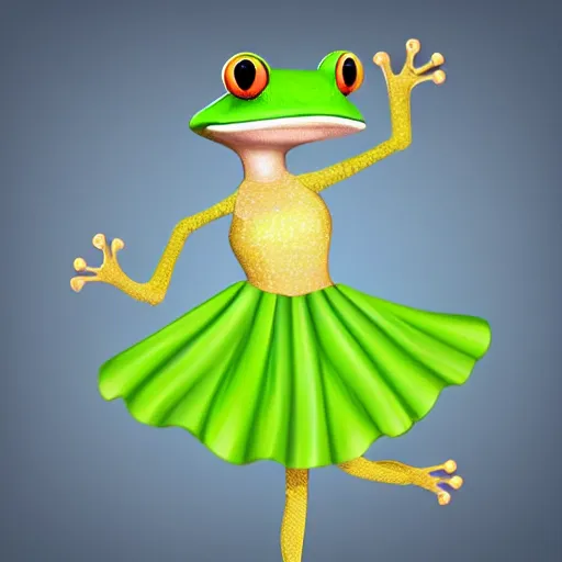 Prompt: fashion show with a cute smiling green tree frog dressed in a green skirt, photo realistic, matte image