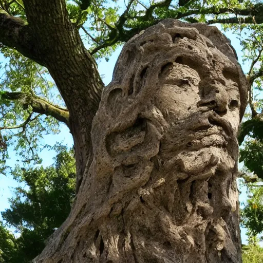 Image similar to an oak tree pruned and shaped to resemble a human head in profile