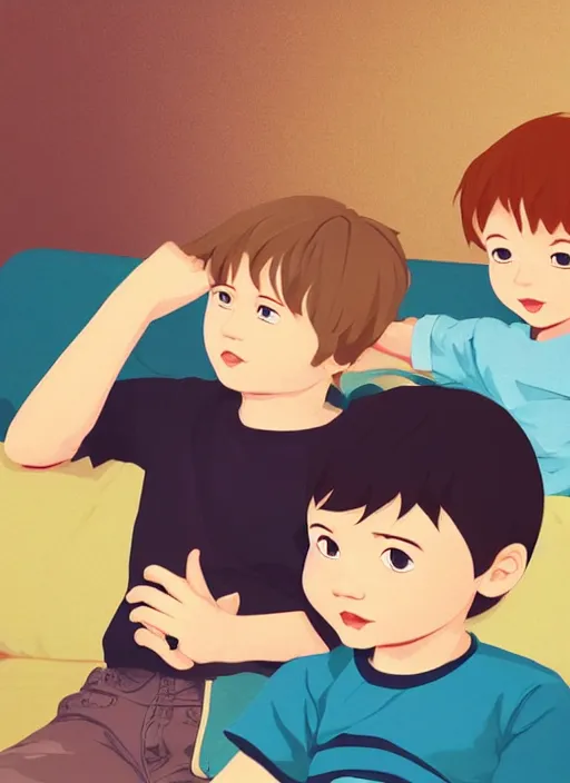 Image similar to two little boys sitting on a couch. a little blonde boy and a little ginger boy. clean cel shaded vector art. shutterstock. behance hd by lois van baarle, artgerm, helen huang, by makoto shinkai and ilya kuvshinov, rossdraws, illustration, art by ilya kuvshinov