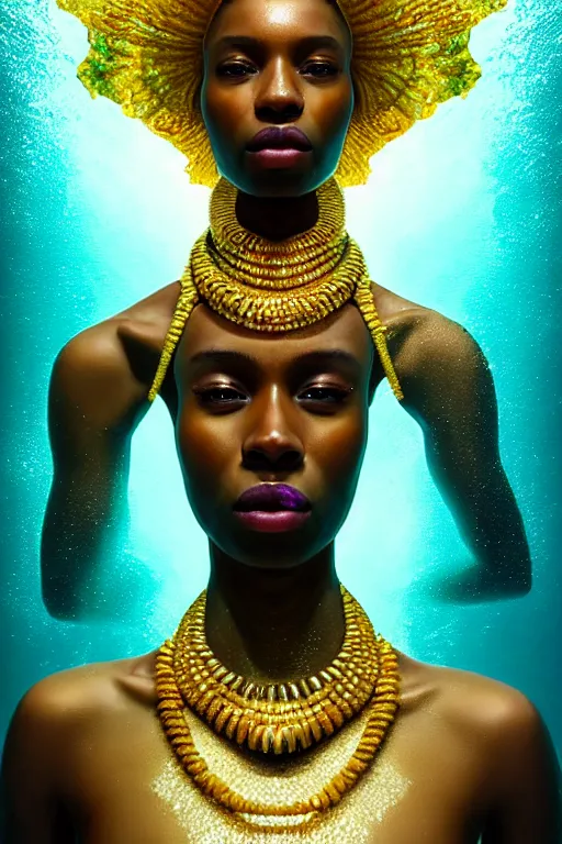 Image similar to hyperrealistic precisionist cinematic underwater scene with fish and algae, very expressive! translucent elegant african goddess, full body, gold jewerly, highly detailed face, digital art masterpiece, aykut aydogdu zener, dramatic volumetric light, long shot, low angle uhd 8 k, sharp focus