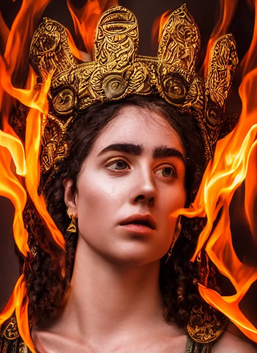 Prompt: Portrait of a beautiful priestess from the oracle of Delphi, looking into the flames, greek mythology, high face detail, Photography, dramatic lighting, Sony A7III, 85mm, f1.4,