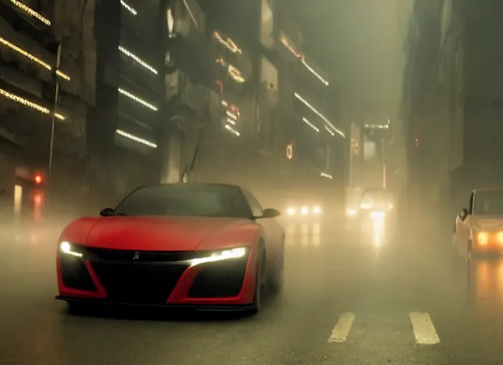 Image similar to Bladerunner 2049 scene red sports car driving on empty road dark atmospheric volumetric lighting grungy moody dark cinematic Roger Deakins Cinematography futuristic cyberpunk car soul red GTR NSX RX8 C3 Chaser S16 Evo X Z07 R34 ikuo maeda Newton Thomas Sigel bladerunner 2049 screen cap still