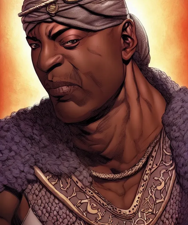 Image similar to a ( fantasy comic ) ( cover art ) portrait of a bedouin warrior who looks like ( michael clarke duncan ), digital illustration by jenny frison and sana takeda and kentaro miura, fine inking lines, vivid colors, dnd, highly detailed!, hd, 4 k, trending on artstation