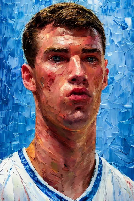 Prompt: palette knife oil painting portrait of peter hill, a tall and broad - shouldered jock, is an an - gry young man and a bully. extreme detail, any racial background, artstation trending, artgerm, deviant art, octane, substance, art history 8 k